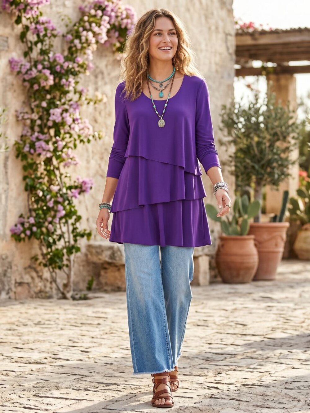 Susan Graver Liquid Knit Layered Tunic Top M Purple Art Lagenlook Boho Chic Poet